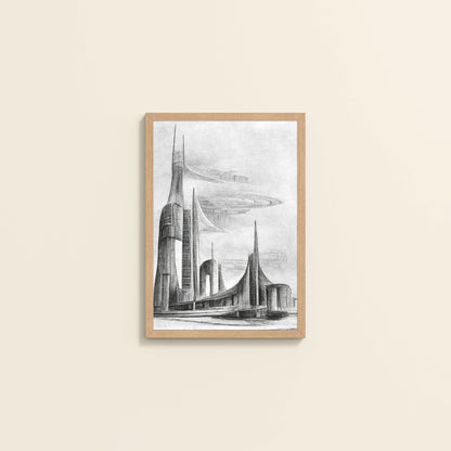 Wall View of Architectural Dream – Pencil Sketch of the Future City Frame in Natrual Color Frame