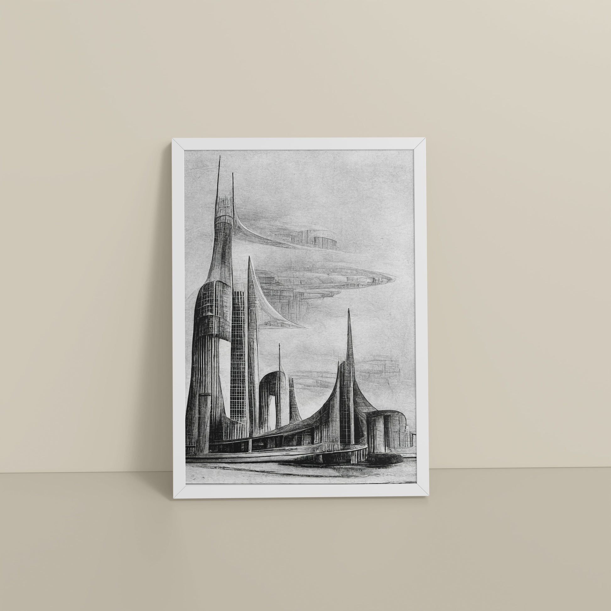 Floor View of Architectural Dream – Pencil Sketch of the Future City Frame in White Color Frame