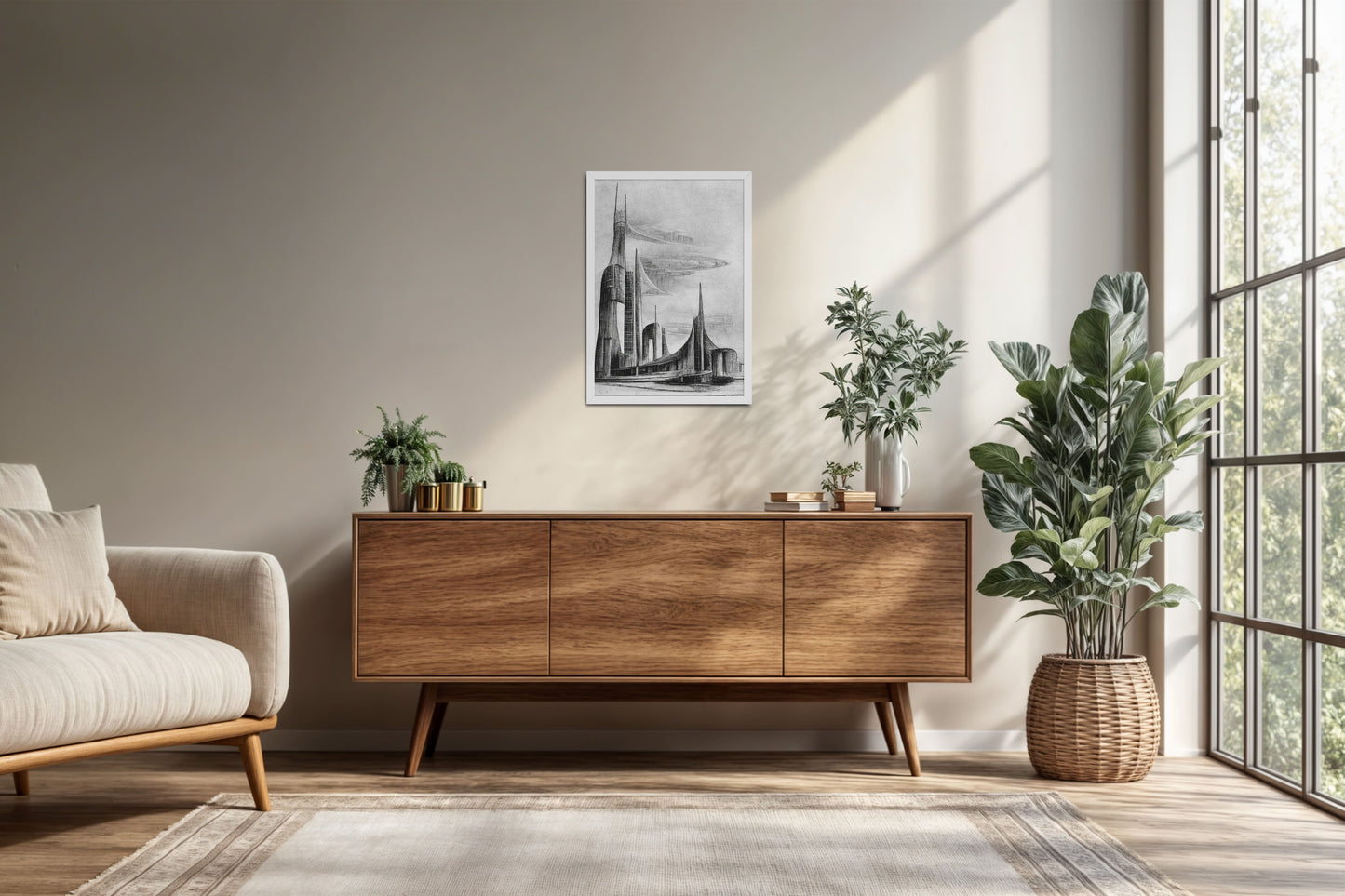 Living Room Cabinet Preview of Architectural Dream – Pencil Sketch of the Future City Frame in White Color Frame