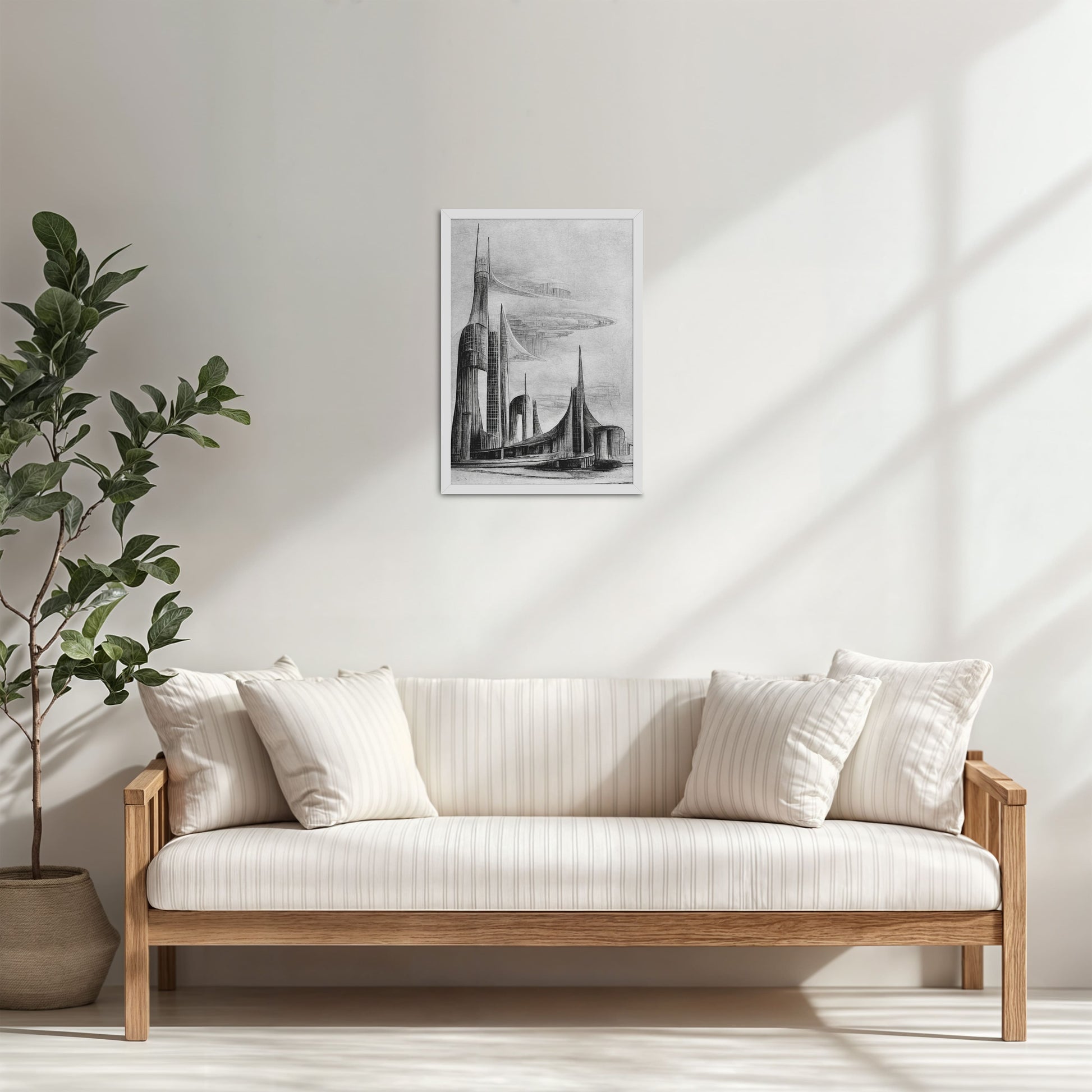 Living Room Cabinet Table Preview of Architectural Dream – Pencil Sketch of the Future City Frame in White Color Frame