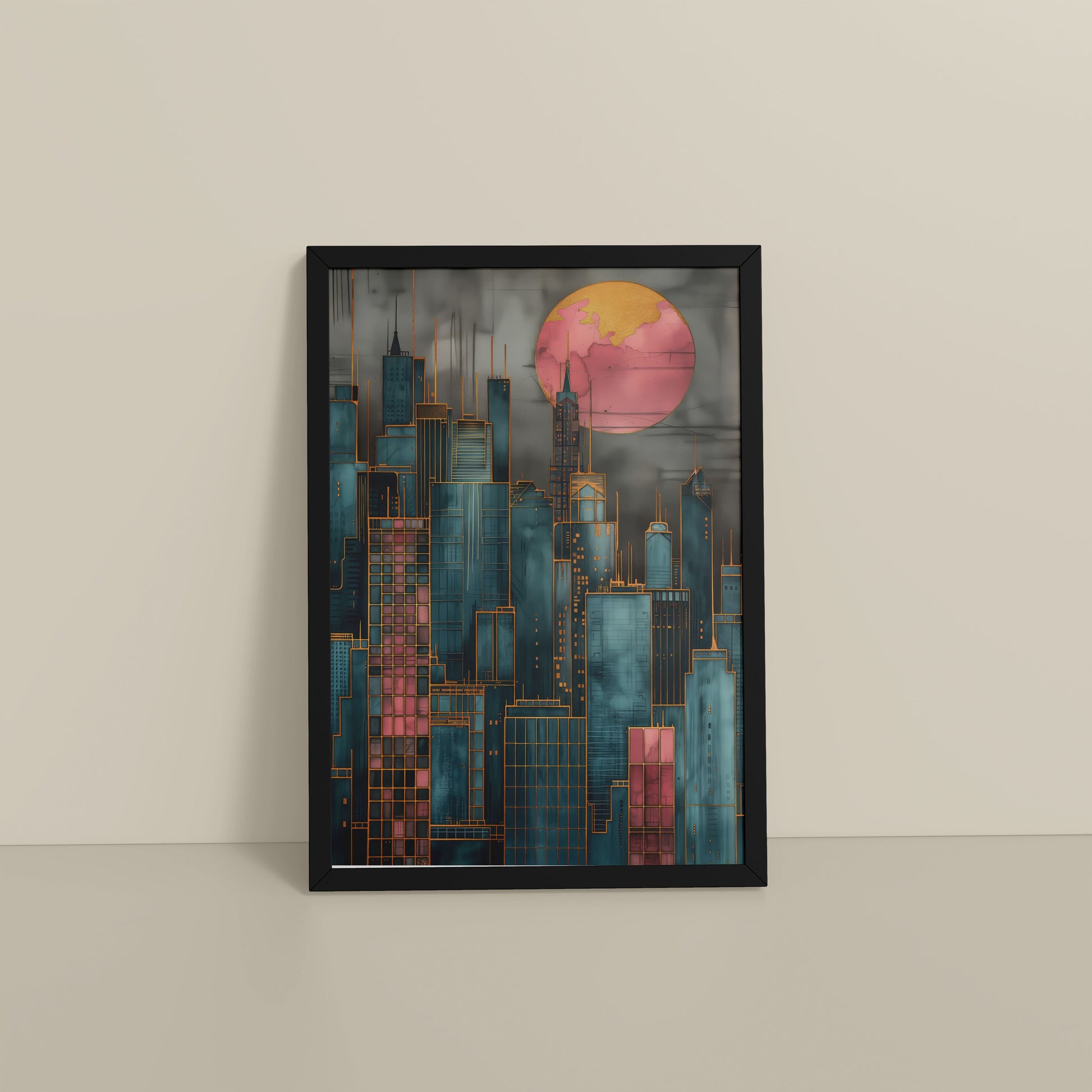 Floor View of City Glow – Urban Skyline Wall Art Frame in Black Color Frame