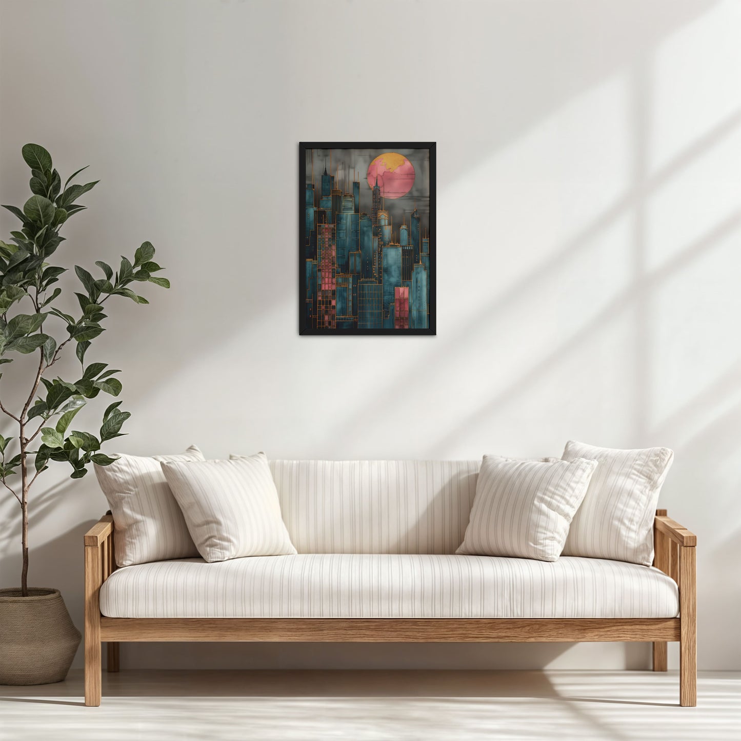 Living Room Cabinet Table Preview of City Glow – Urban Skyline Wall Art Frame in Black Color Frame