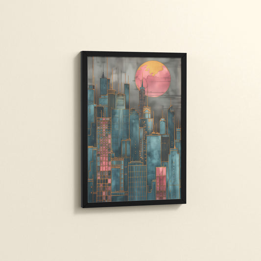 Side View of City Glow – Urban Skyline Wall Art Frame in Black Color Frame