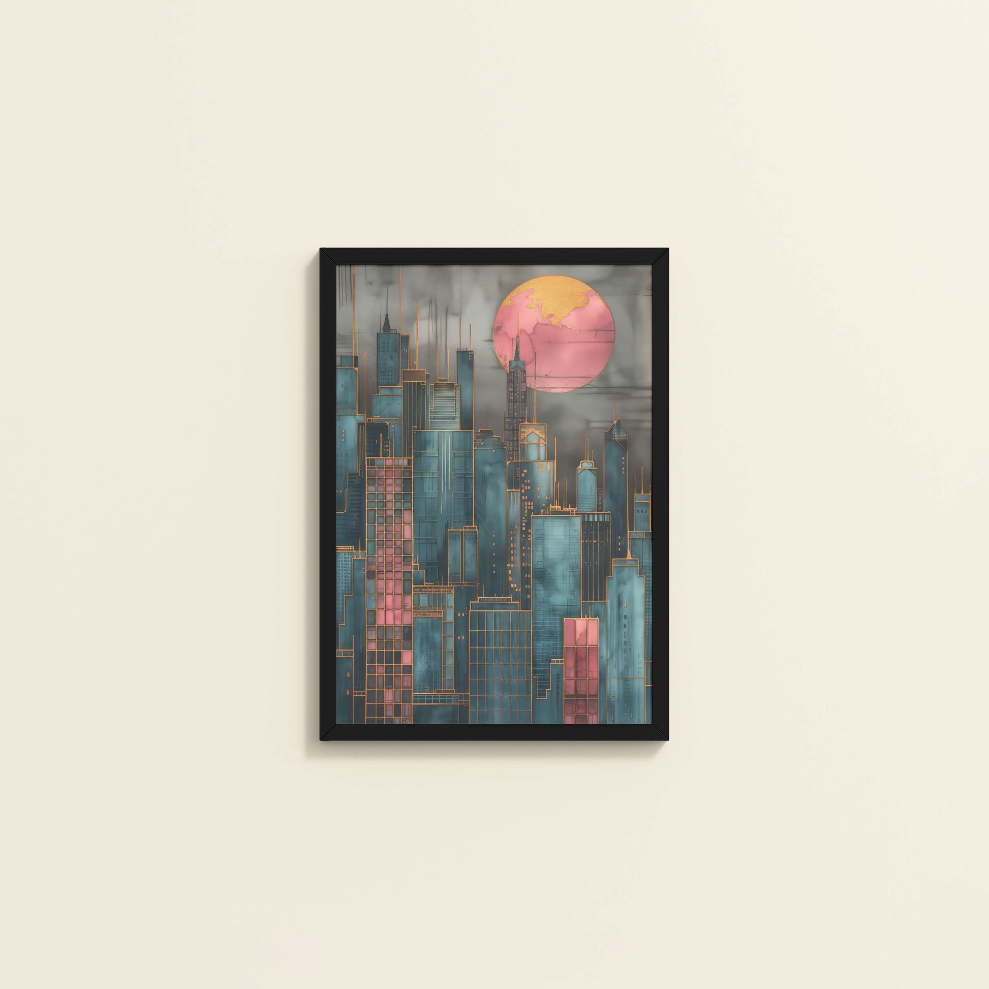 Wall View of City Glow – Urban Skyline Wall Art Frame in Black Color Frame