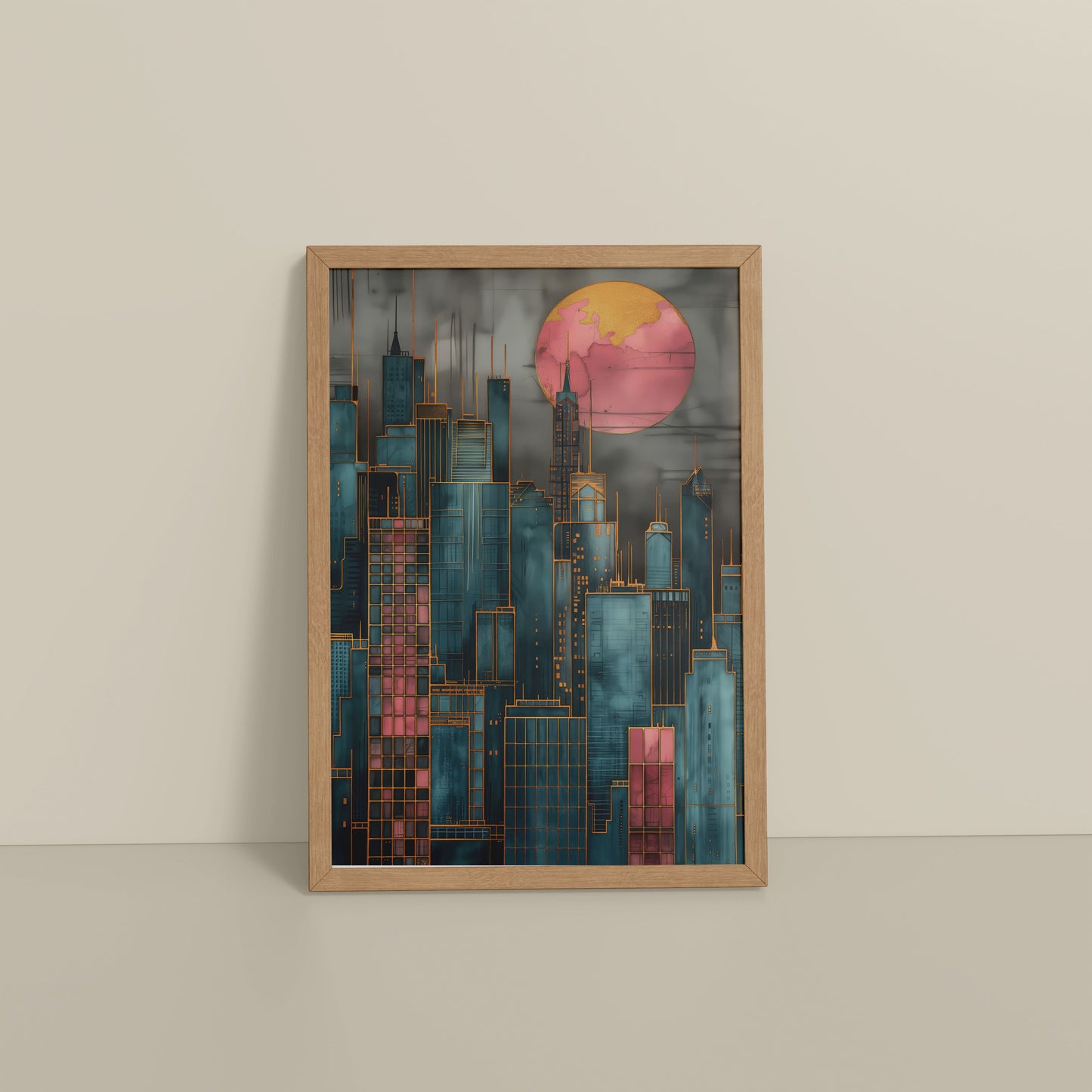 Floor View of City Glow – Urban Skyline Wall Art Frame in Natrual Color Frame