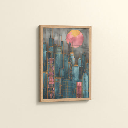 Side View of City Glow – Urban Skyline Wall Art Frame in Natrual Color Frame