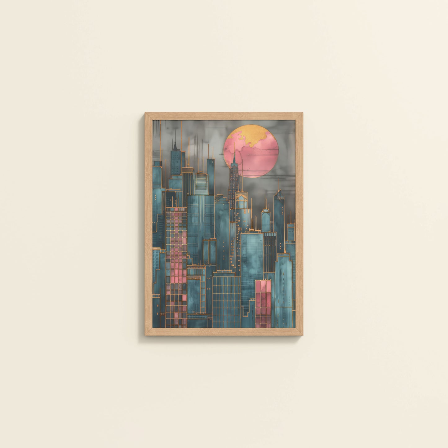 Wall View of City Glow – Urban Skyline Wall Art Frame in Natrual Color Frame