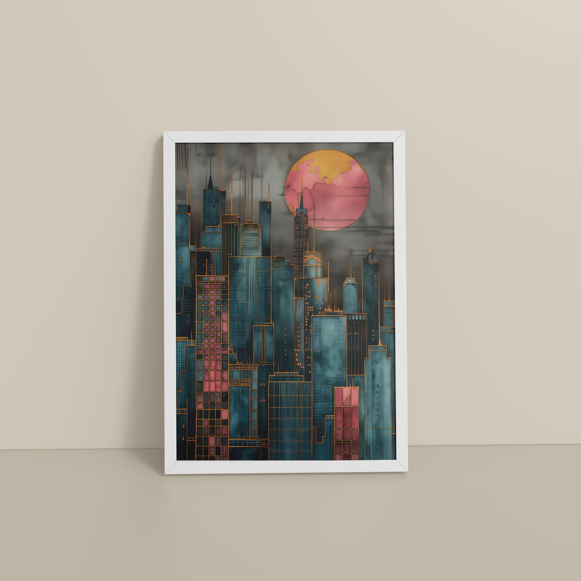 Floor View of City Glow – Urban Skyline Wall Art Frame in White Color Frame