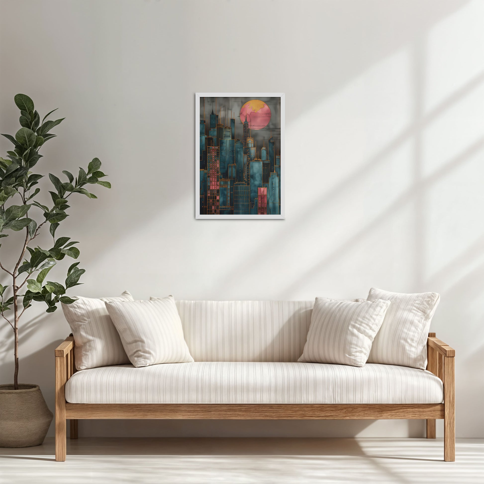 Living Room Cabinet Table Preview of City Glow – Urban Skyline Wall Art Frame in White Color Frame