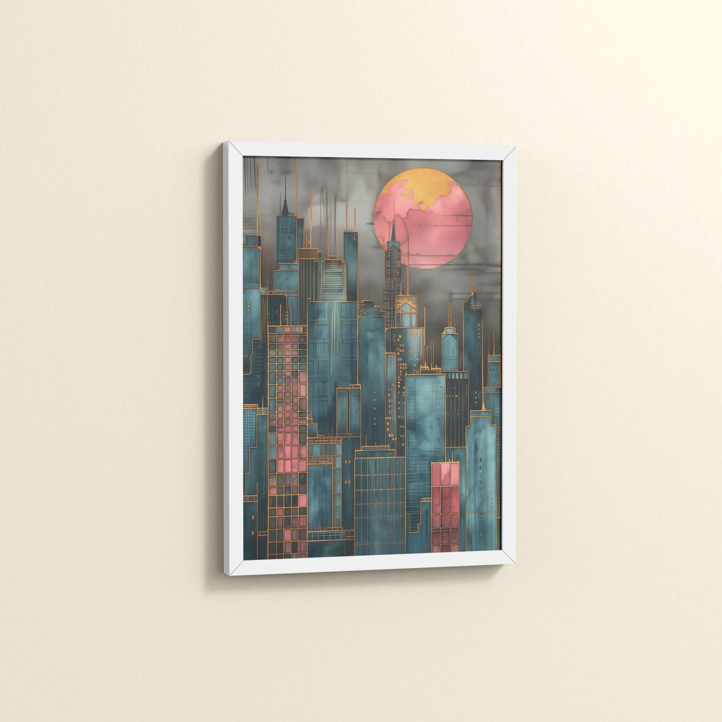 Side View of City Glow – Urban Skyline Wall Art Frame in White Color Frame