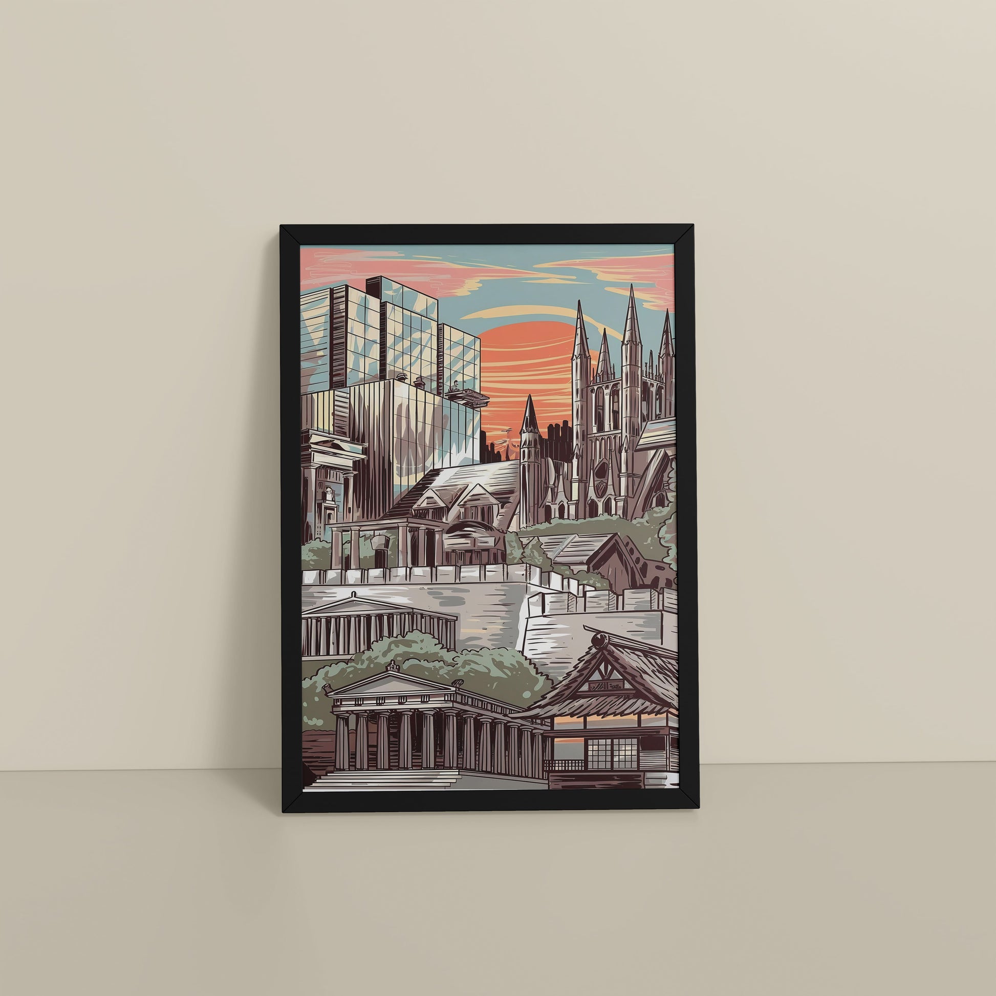 Floor View of Urban Mosaic – Illustrated City Architecture Frame in Black Color Frame