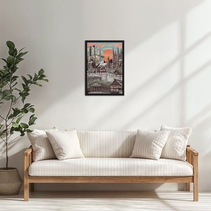 Living Room Cabinet Table Preview of Urban Mosaic – Illustrated City Architecture Frame in Black Color Frame