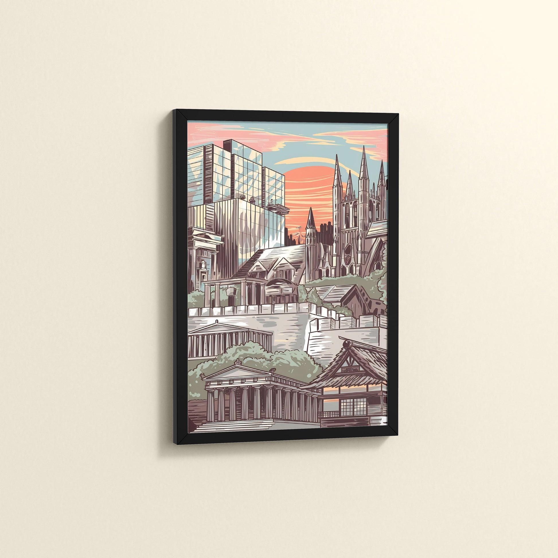 Side View of Urban Mosaic – Illustrated City Architecture Frame in Black Color Frame
