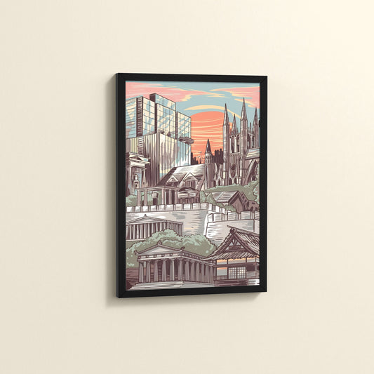 Side View of Urban Mosaic – Illustrated City Architecture Frame in Black Color Frame
