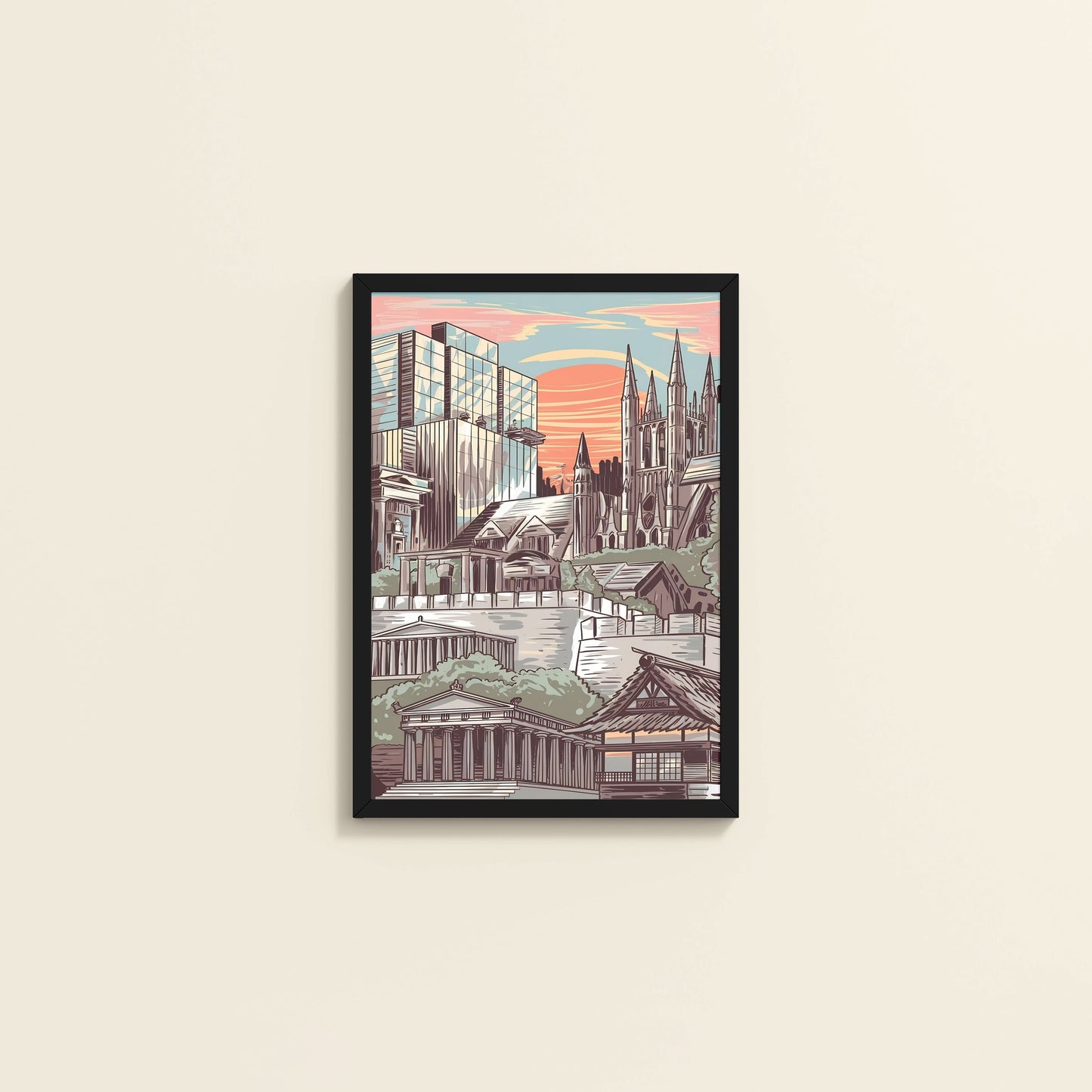 Wall View of Urban Mosaic – Illustrated City Architecture Frame in Black Color Frame