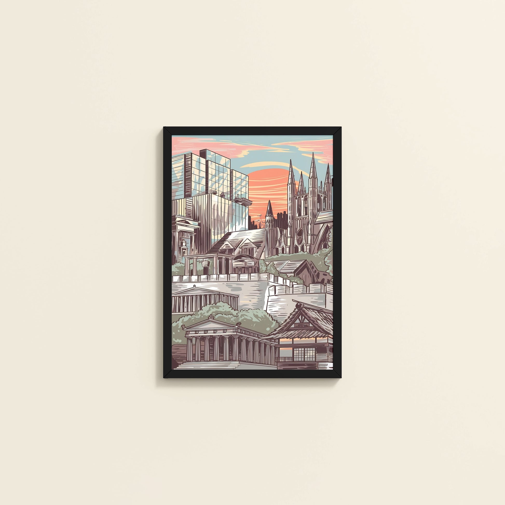 Wall View of Urban Mosaic – Illustrated City Architecture Frame in Black Color Frame