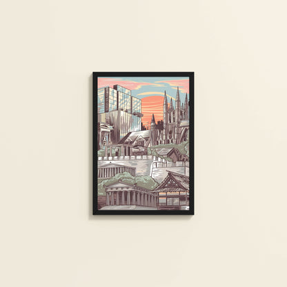 Wall View of Urban Mosaic – Illustrated City Architecture Frame in Black Color Frame