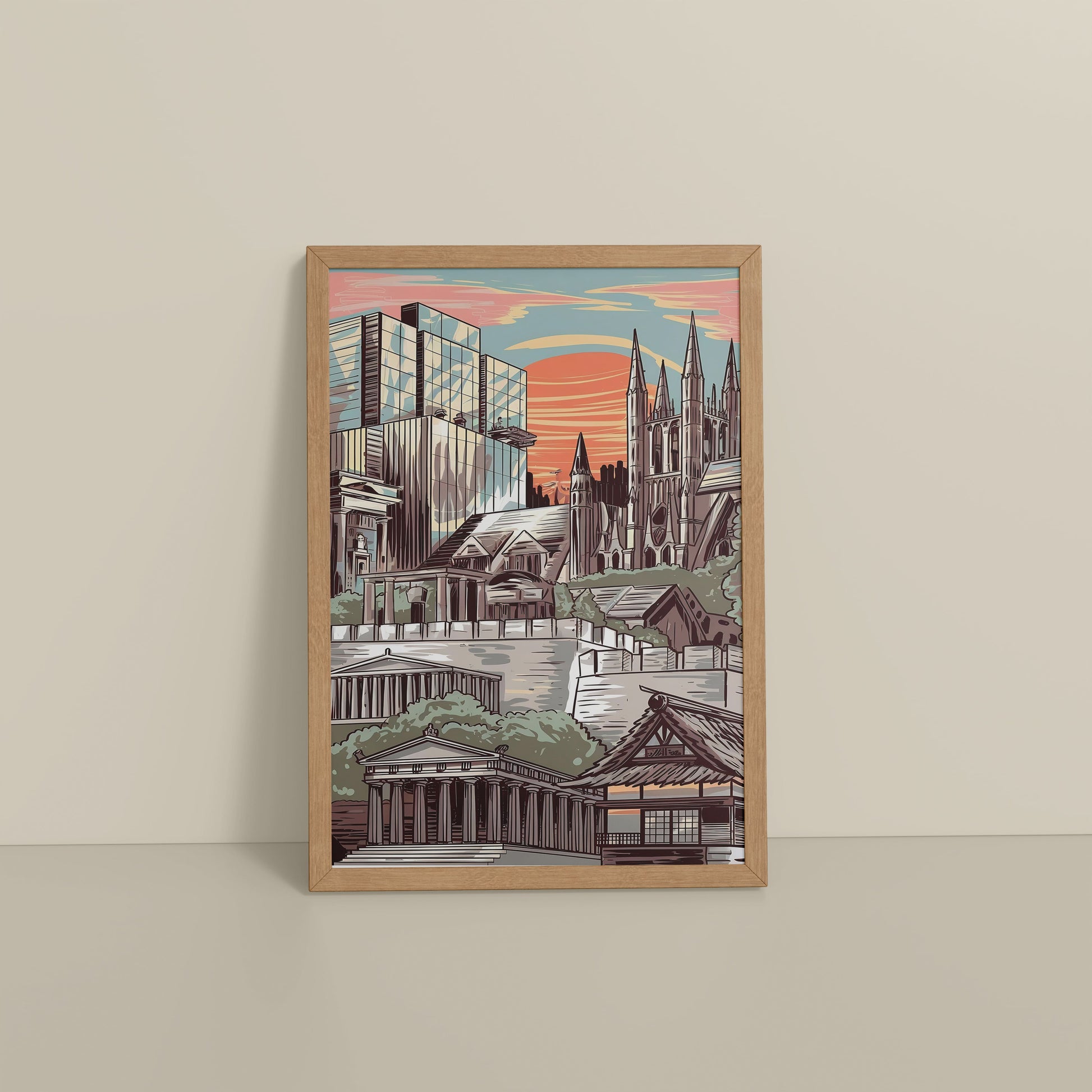 Floor View of Urban Mosaic – Illustrated City Architecture Frame in Natrual Color Frame