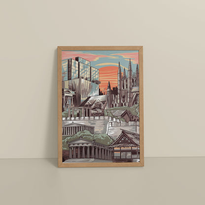 Floor View of Urban Mosaic – Illustrated City Architecture Frame in Natrual Color Frame