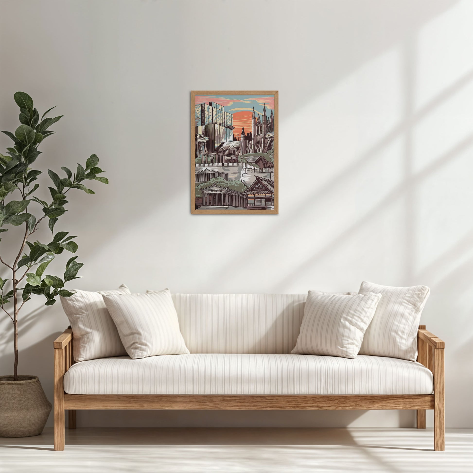 Living Room Cabinet Table Preview of Urban Mosaic – Illustrated City Architecture Frame in Natrual Color Frame