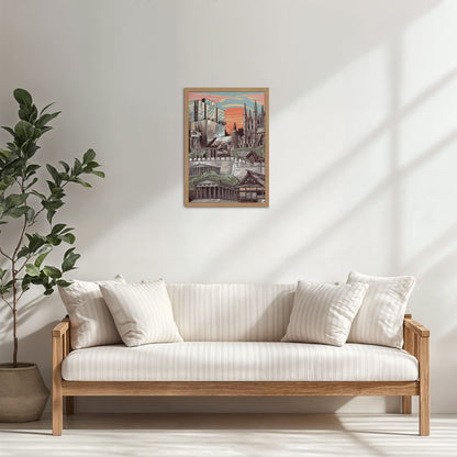 Living Room Cabinet Table Preview of Urban Mosaic – Illustrated City Architecture Frame in Natrual Color Frame