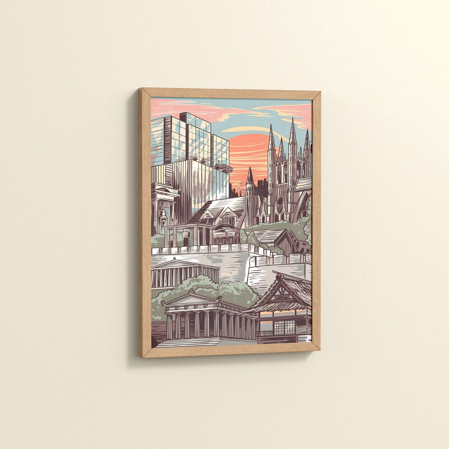 Side View of Urban Mosaic – Illustrated City Architecture Frame in Natrual Color Frame