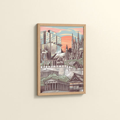 Side View of Urban Mosaic – Illustrated City Architecture Frame in Natrual Color Frame
