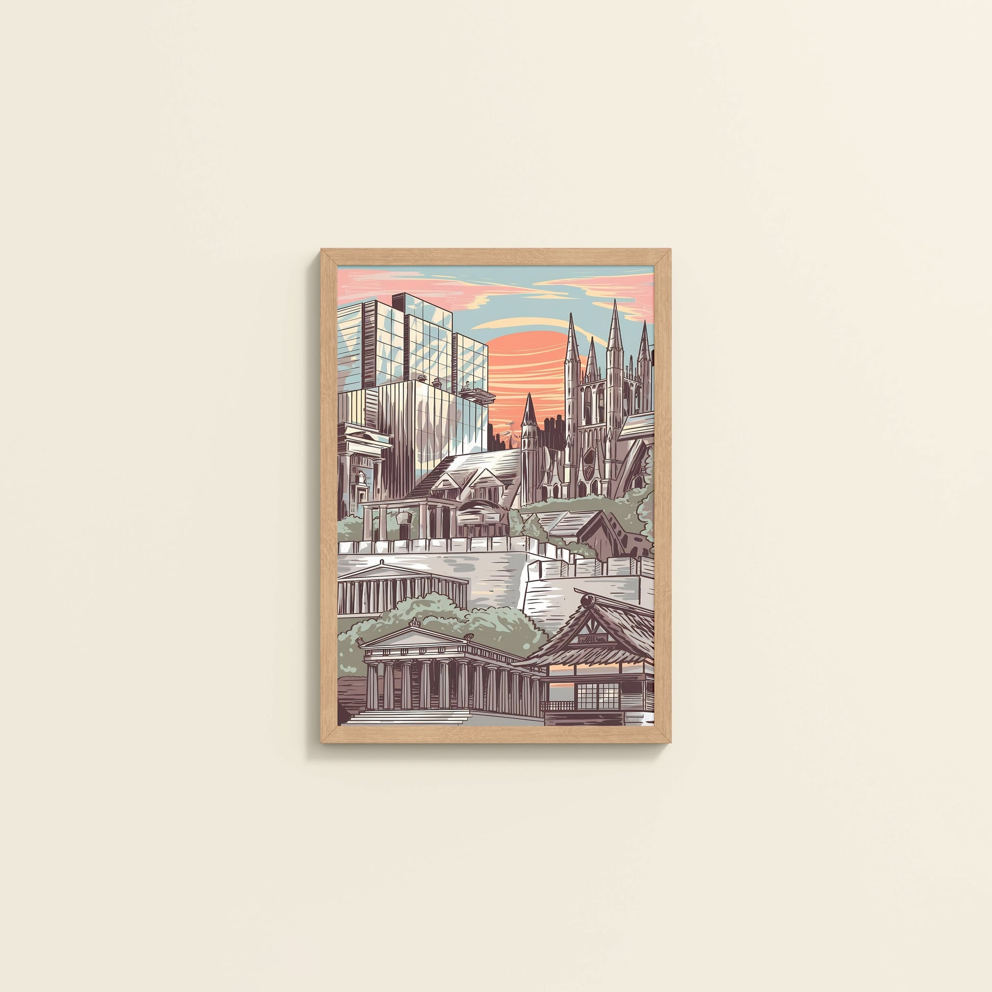 Wall View of Urban Mosaic – Illustrated City Architecture Frame in Natrual Color Frame