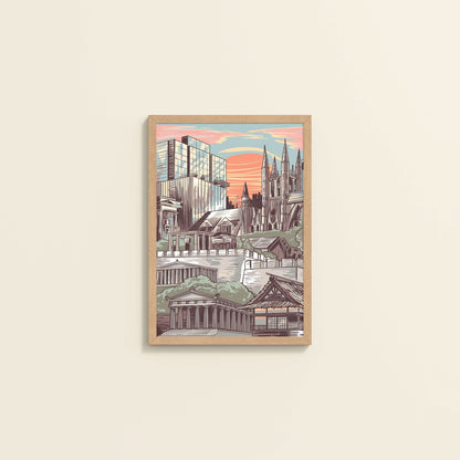 Wall View of Urban Mosaic – Illustrated City Architecture Frame in Natrual Color Frame