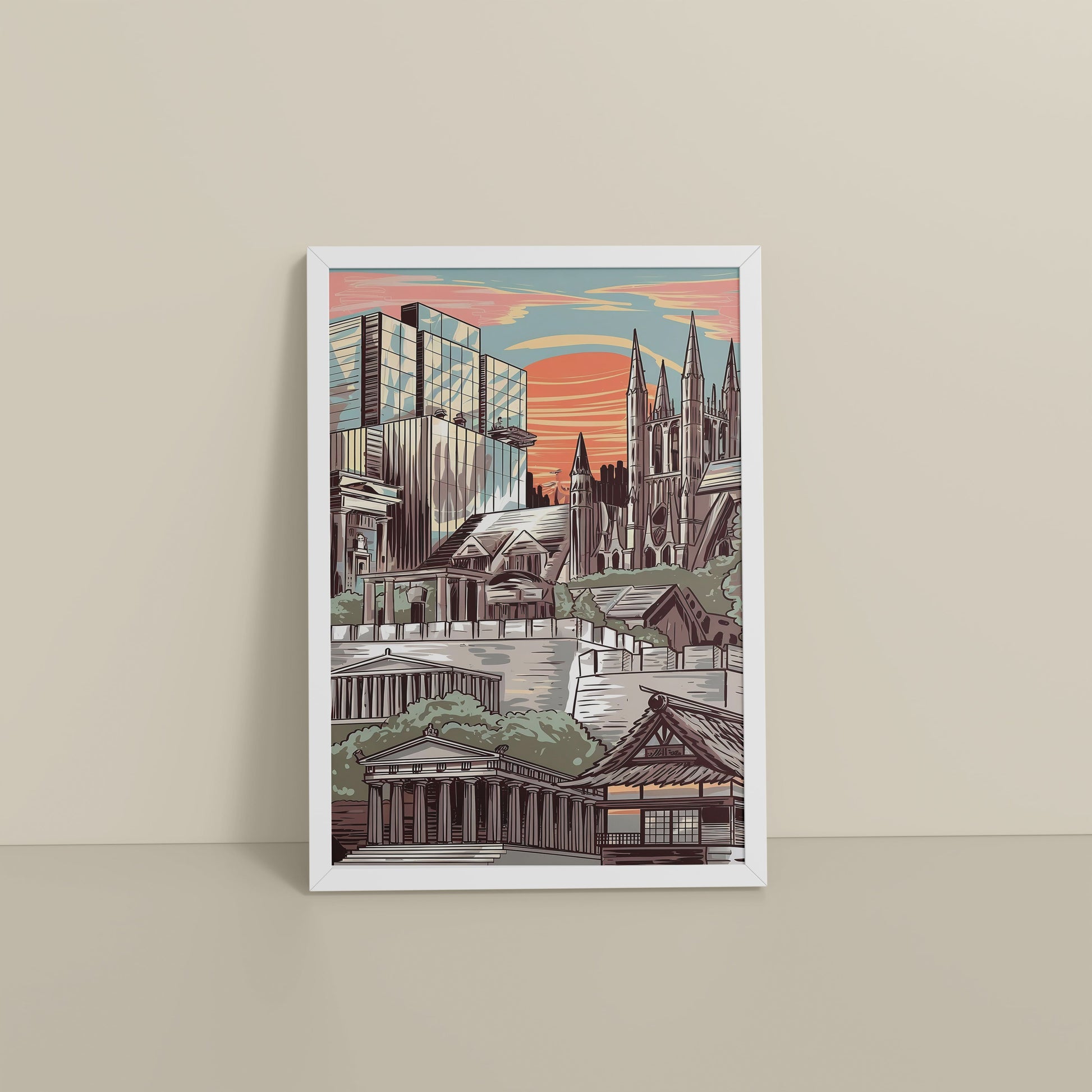 Floor View of Urban Mosaic – Illustrated City Architecture Frame in White Color Frame