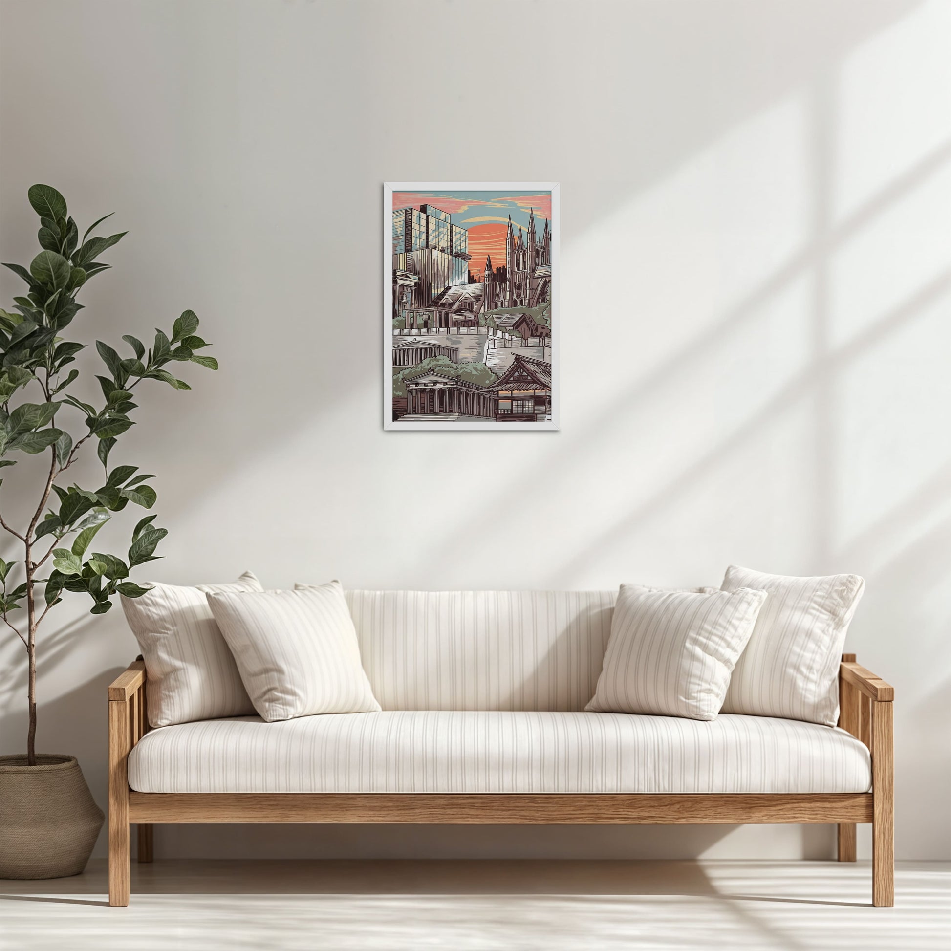 Living Room Cabinet Table Preview of Urban Mosaic – Illustrated City Architecture Frame in White Color Frame