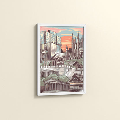 Side View of Urban Mosaic – Illustrated City Architecture Frame in White Color Frame