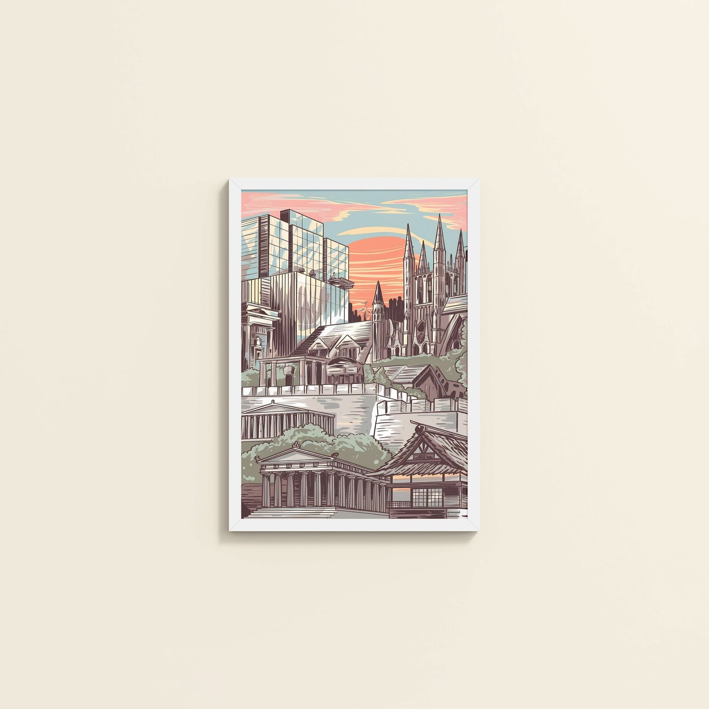 Wall View of Urban Mosaic – Illustrated City Architecture Frame in White Color Frame
