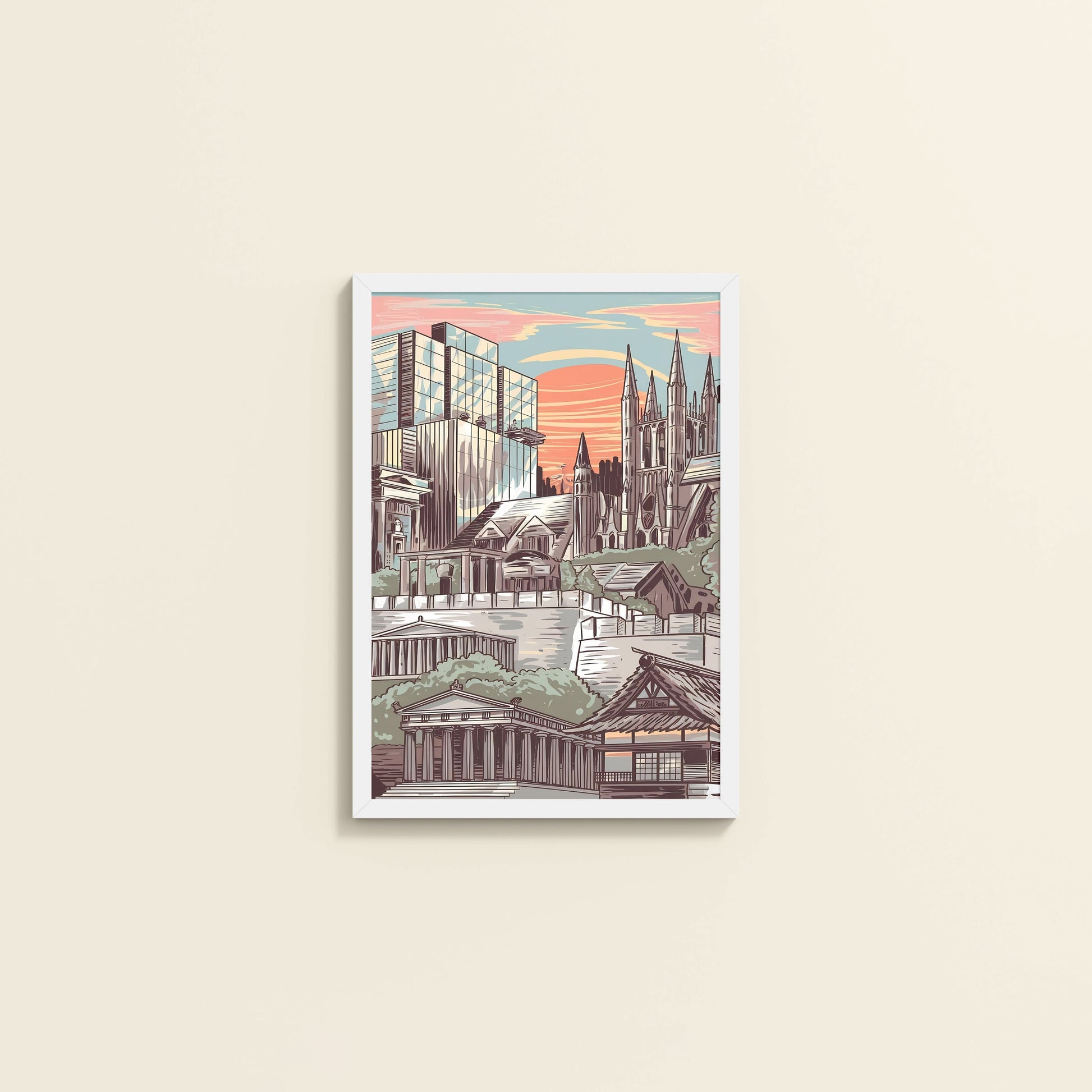 Wall View of Urban Mosaic – Illustrated City Architecture Frame in White Color Frame