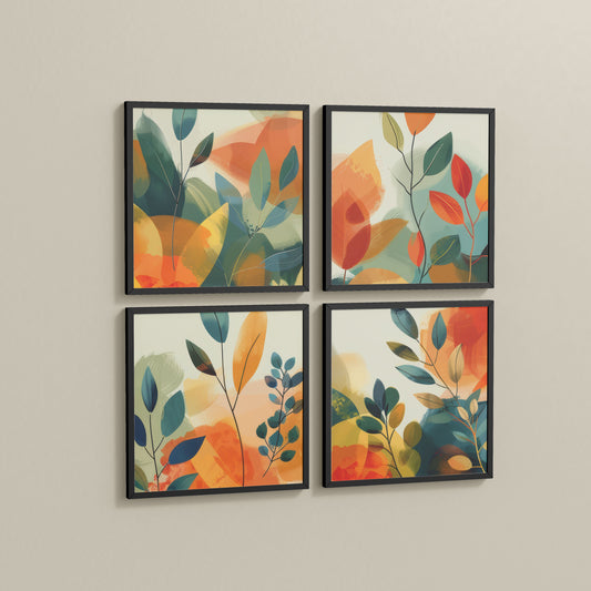Side View of Abstract Leaves Wall Art Decor Set of 4 Frames in Black Color Frame