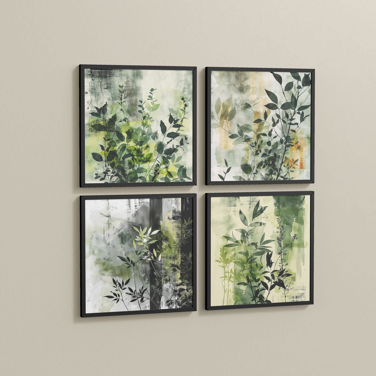 Side View of Abstract Botanical Wall Art Set of 4 Frames in Black Color Frame