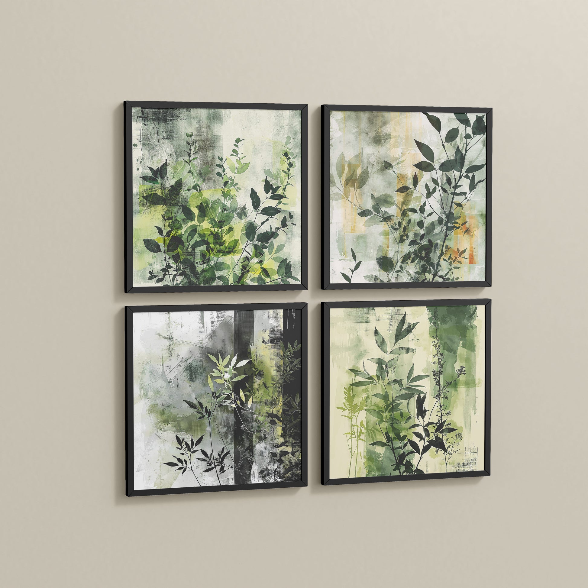 Side View of Abstract Botanical Wall Art Set of 4 Frames in Black Color Frame