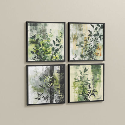 Side View of Abstract Botanical Wall Art Set of 4 Frames in Black Color Frame