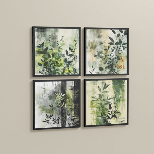 Side View of Abstract Botanical Wall Art Set of 4 Frames in Black Color Frame