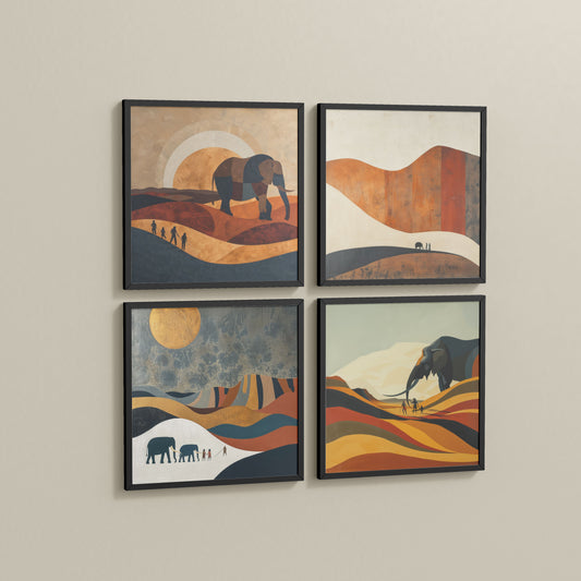 Side View of Modern Elephant Abstract Wall Art Set of 4 Frames in Black Color Frame