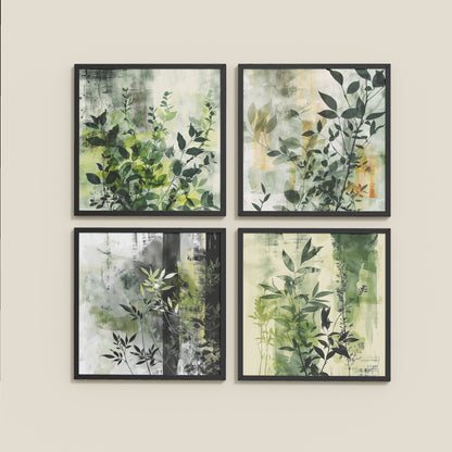 Wall View of Abstract Botanical Wall Art Set of 4 Frames in Black Color Frame