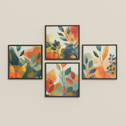 Inclined Floor View of Abstract Leaves Wall Art Decor Set of 4 Frames in Black Color Frame