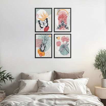 Bed Room Preview of Timeless Wings Abstract Insect Wall Art Set of 4 Frames in Black Color Frame