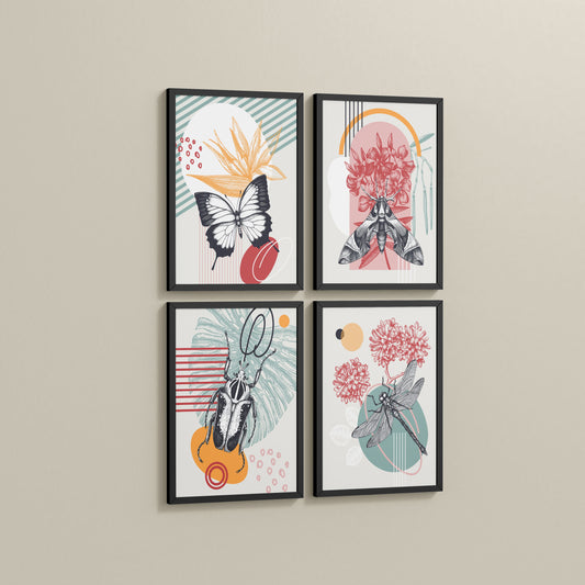 Side View of Timeless Wings Abstract Insect Wall Art Set of 4 Frames in Black Color Frame