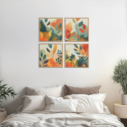 Bed Room Preview of Abstract Leaves Wall Art Decor Set of 4 Frames in Natrual Color Frame