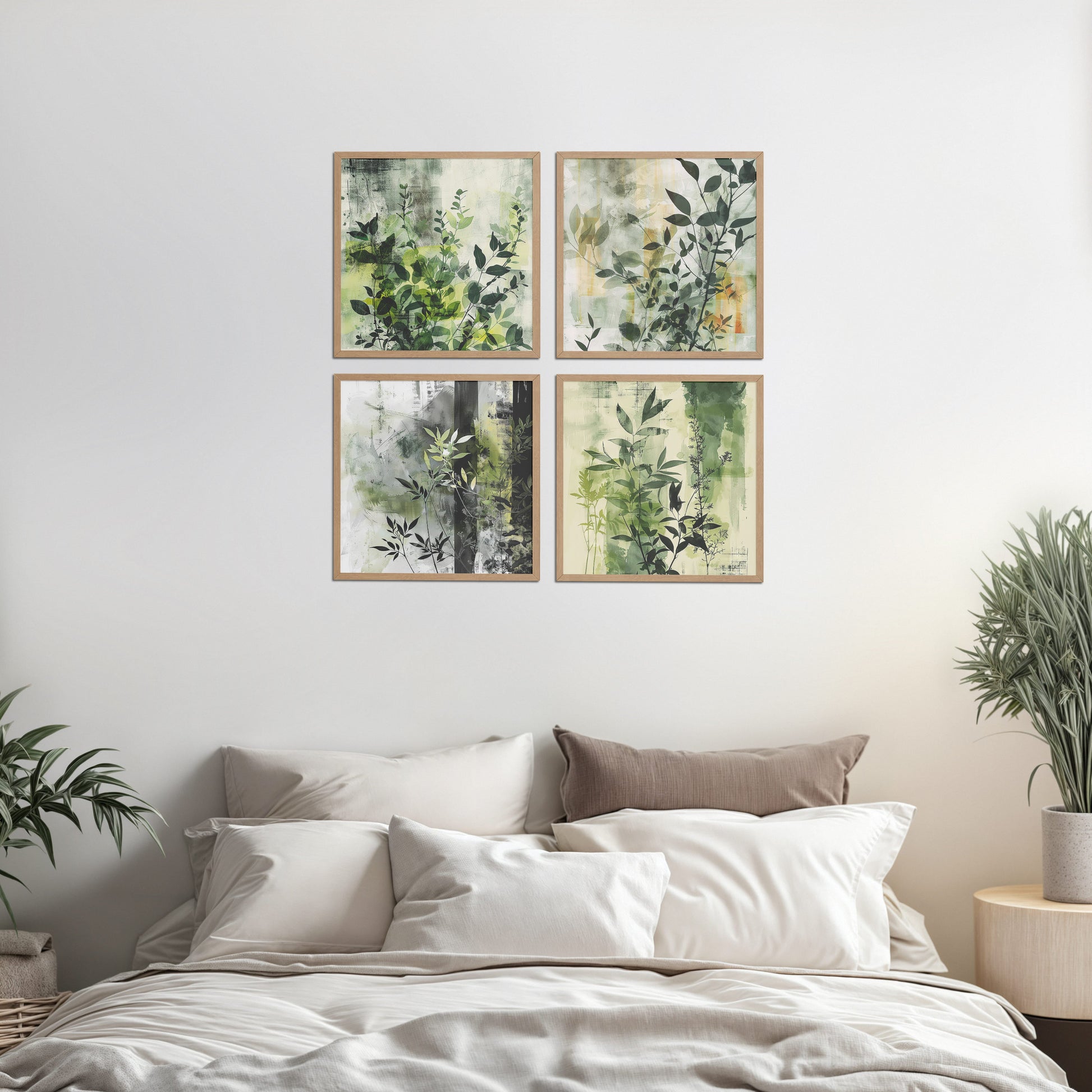 Bed Room Preview of Abstract Botanical Wall Art Set of 4 Frames in Natrual Color Frame
