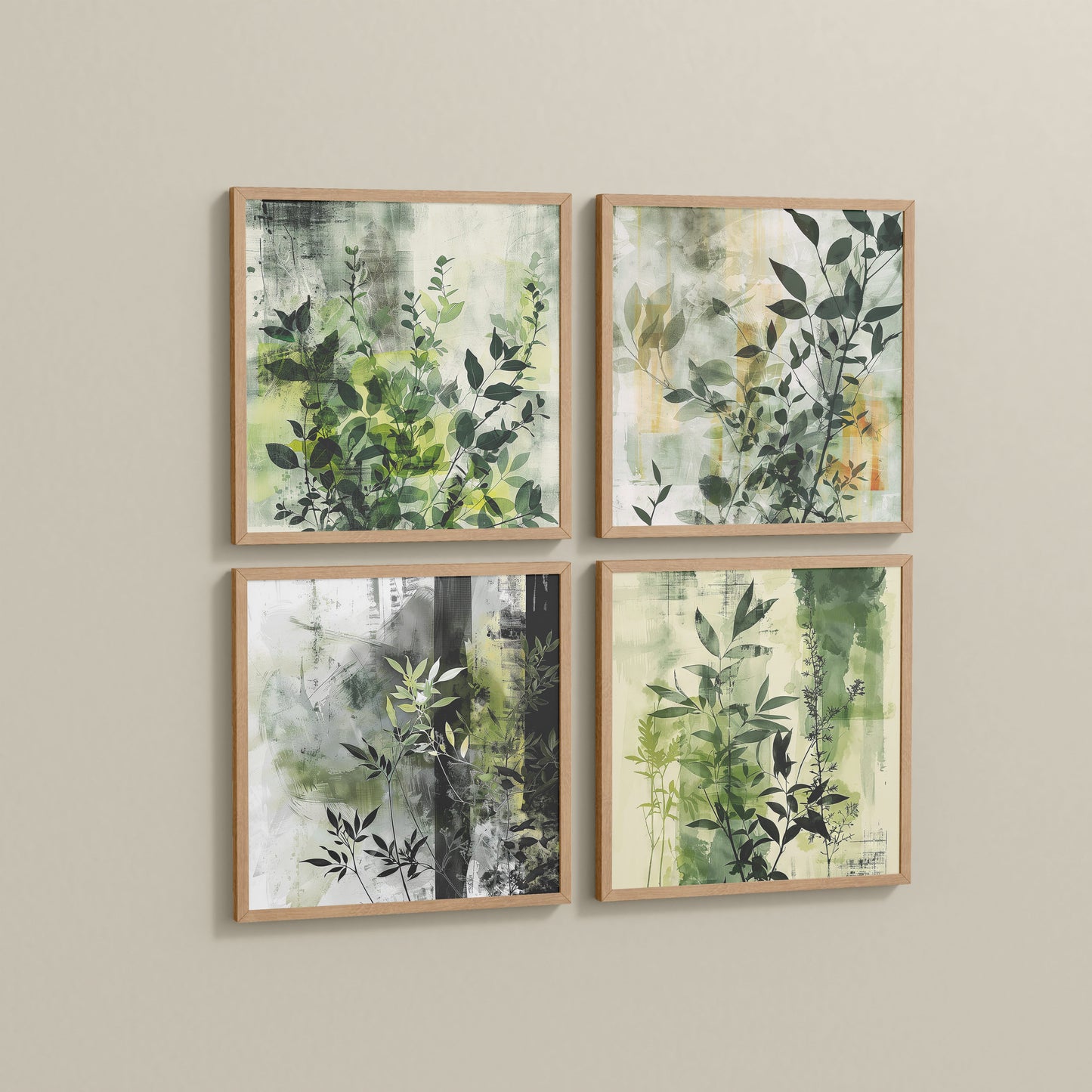 Side View of Abstract Botanical Wall Art Set of 4 Frames in Natrual Color Frame