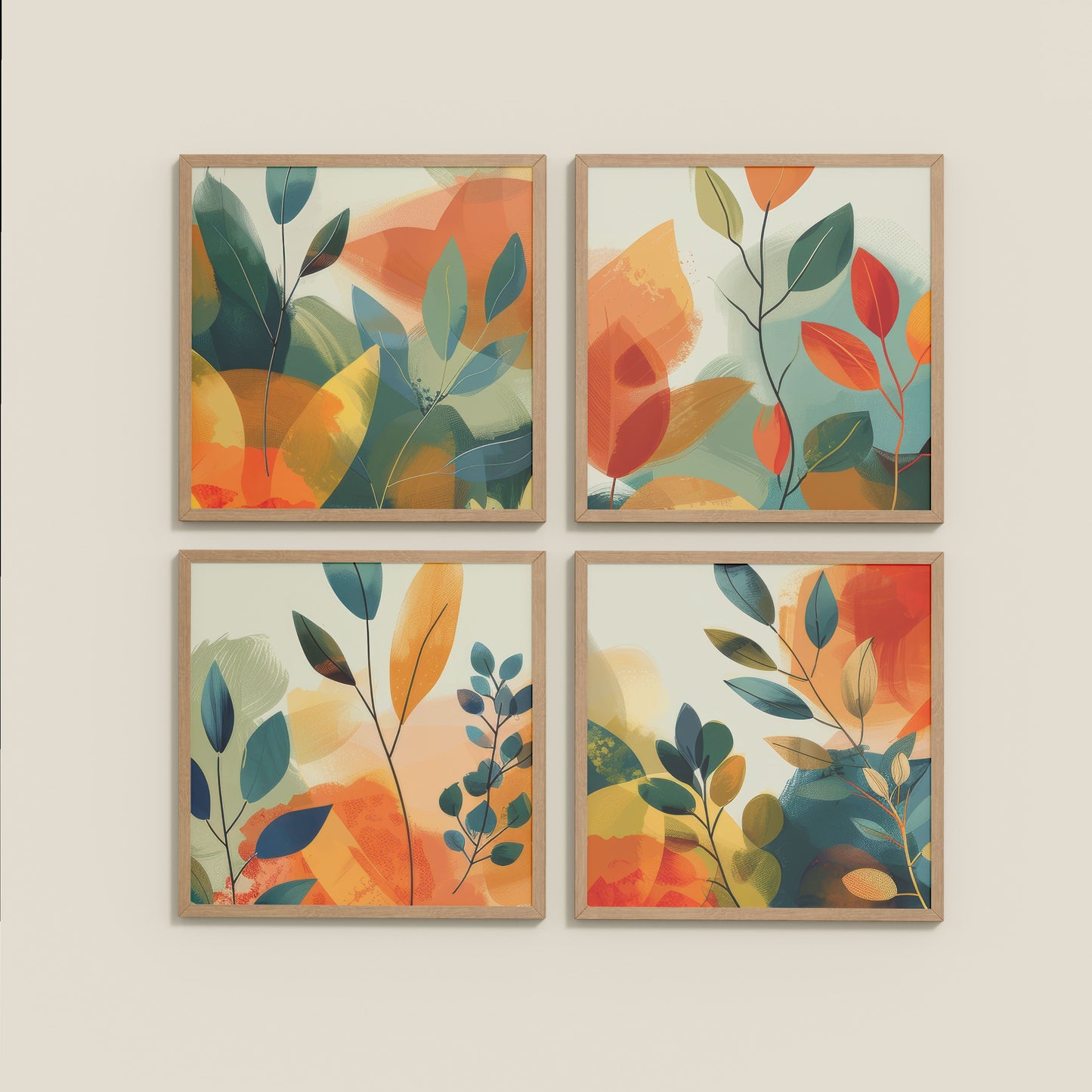 Wall View of Abstract Leaves Wall Art Decor Set of 4 Frames in Natrual Color Frame