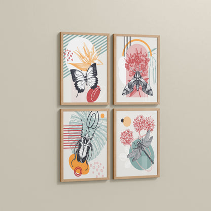 Side View of Timeless Wings Abstract Insect Wall Art Set of 4 Frames in Natrual Color Frame