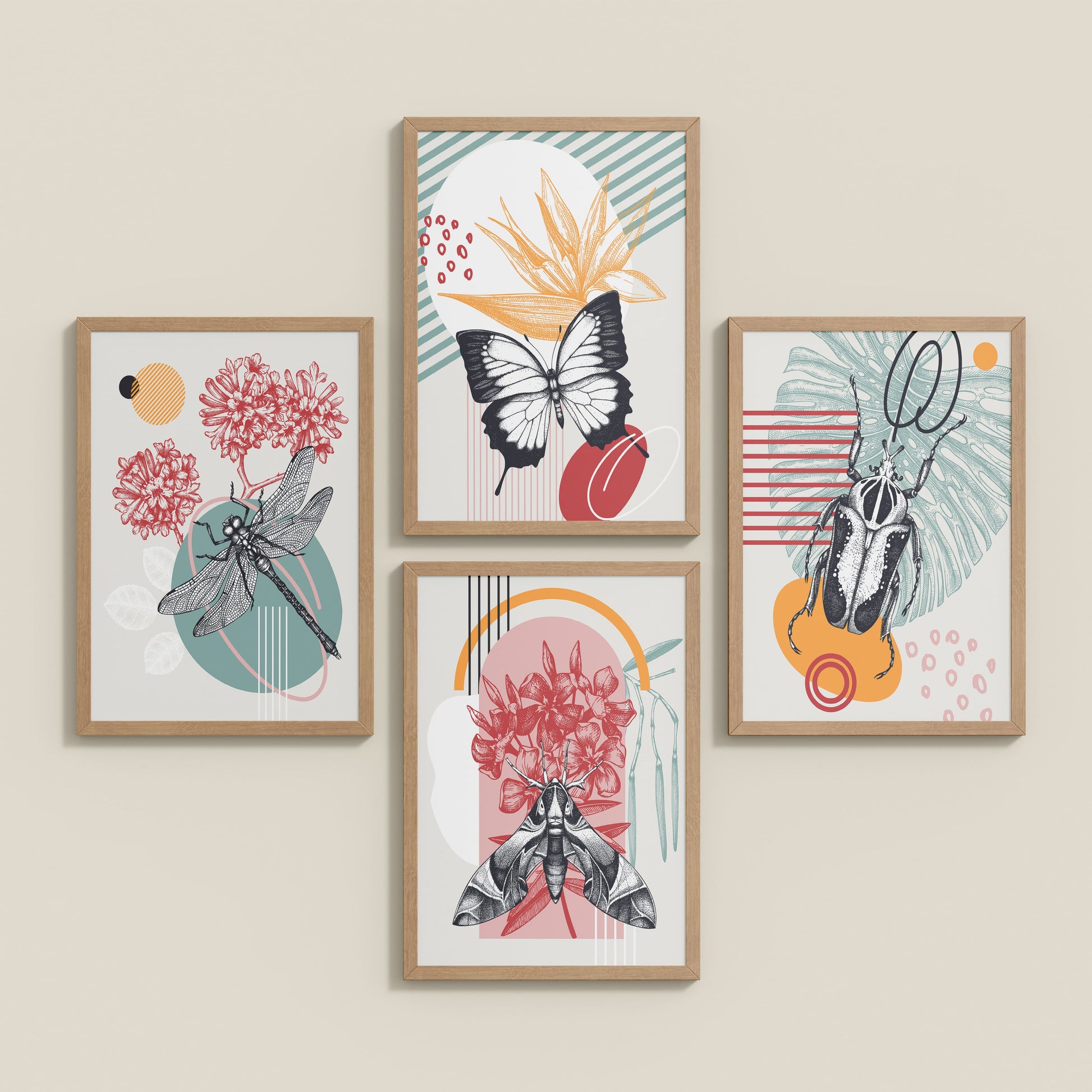 Inclined Floor View of Timeless Wings Abstract Insect Wall Art Set of 4 Frames in Natrual Color Frame